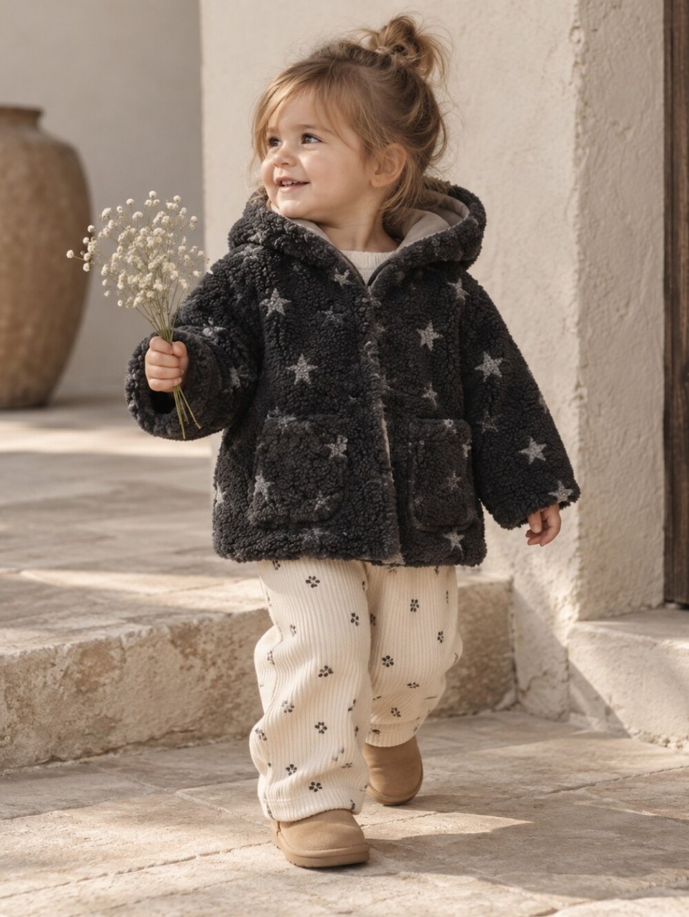 Zara Baby Sherpa Fleece Star Hooded Jacket Gray 12-18M NWT